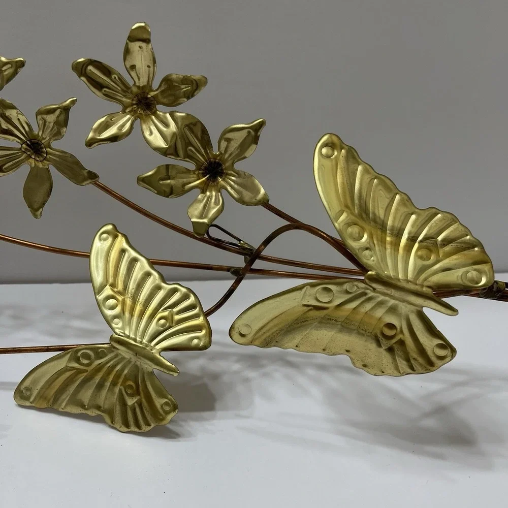 Vintage MCM Brass Wall Decor Butterflies Flowers Copper Toned Branches 25x9
